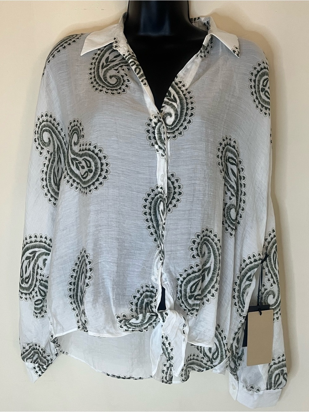 Halogen White Button-Front Tie Hem Shirt with Green Paisley
